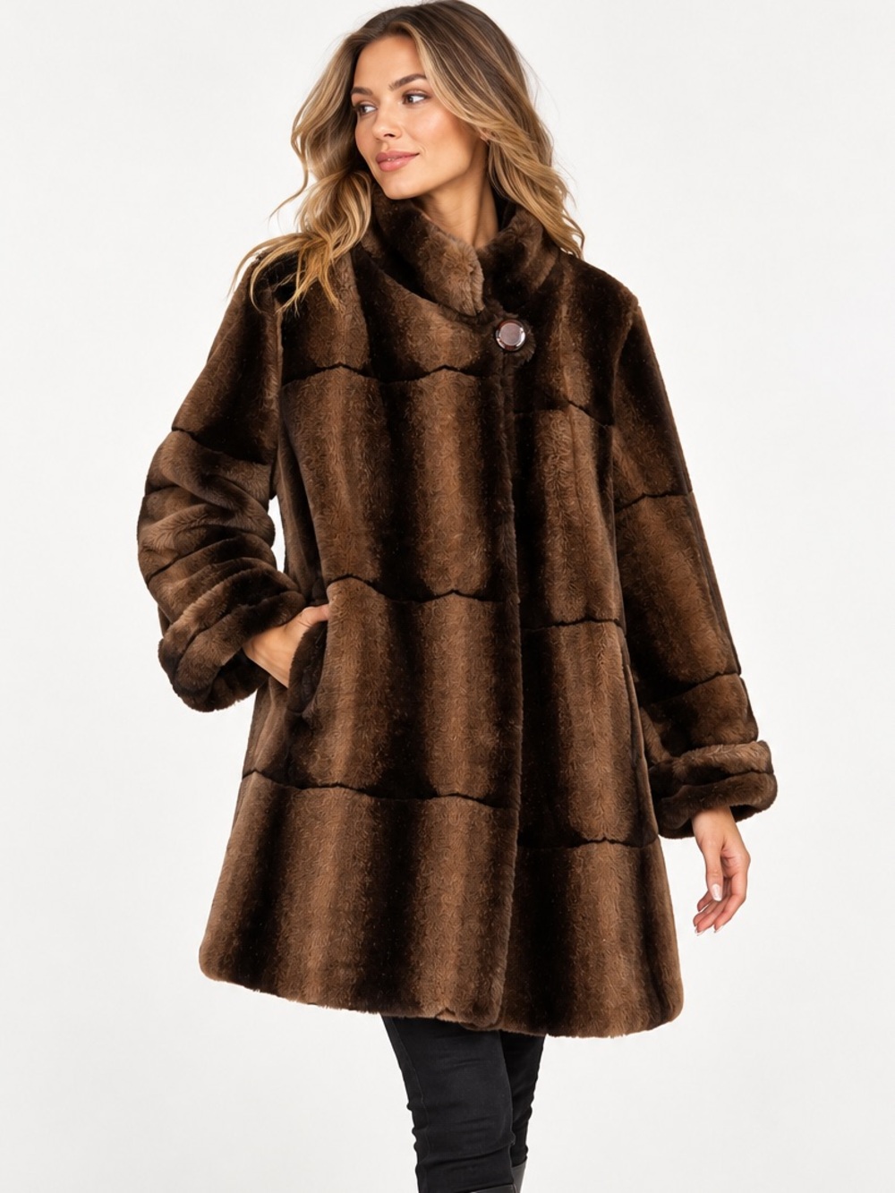 Vintage Faux Fur Funnel Neck Coat Made in Canada XL Furrocious Brown